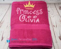 Personalised Kids Bath Towel, Pink Princess Children's Swim Embroidered - Choice Of Colours - thumbnail 1