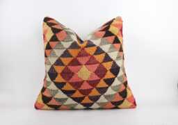 Handwoven Wool Kilim Pillow, 24x24 Inch Geometric Home Decor Throw Cushion