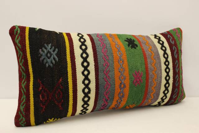 Boho Lumbar Vintage Kilim Pillow Cover, Turkish Wool 12x24 - image 1