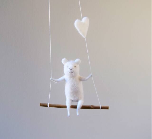 White Polarbear, Needle Felted Bear - Nursery Mobile, Bear Mobile -Baby Mobile, On Swing, Decor - image 1