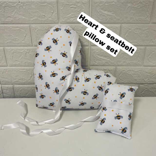 Bumblebees Mastectomy Cushion Gift Set Heart Pillow + Seatbelt Post-Op Recovery Top Surgery Lumpectomy Black White & Yellow Bees - image 1