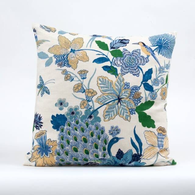 Schumacher Peacock Pillow Cover, Floral Linen Blend, Blue Porcelain - image 1