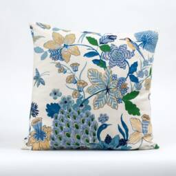 Schumacher Peacock Pillow Cover, Floral Linen Blend, Blue Porcelain