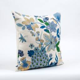 Schumacher Peacock Pillow Cover, Floral Linen Blend, Blue Porcelain - thumbnail 2