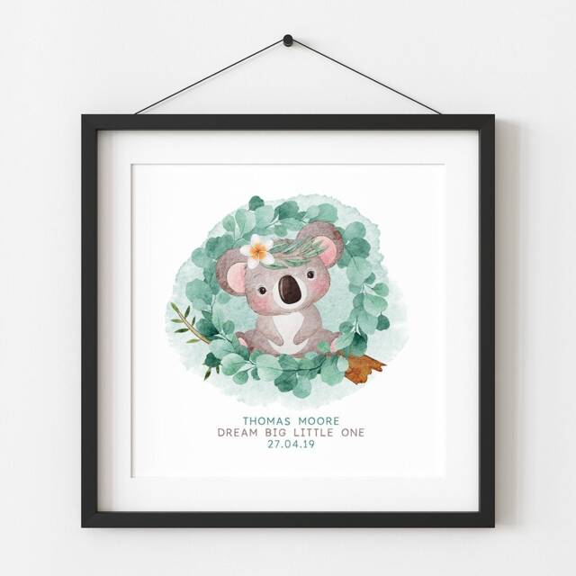 Koala Blush Print Personalised Wall Art Framed & Mounted Poster Square Or Portrait Kids Room New Baby Nursery Decor Family Mum Gift - image 1