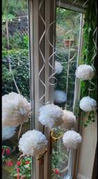 8 X Christmas Shop Front Window Hanging Decorations, Tissue Paper Pompoms Flowers, Party, Display, Christmas Garland White, Red, Green - thumbnail 1