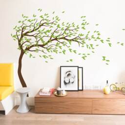 Large White Tree Wall Decal With Wind-Blowing Effect & Birds - Wall Sticker Nature Art Decor For Home Or Office Mm035 - thumbnail 2