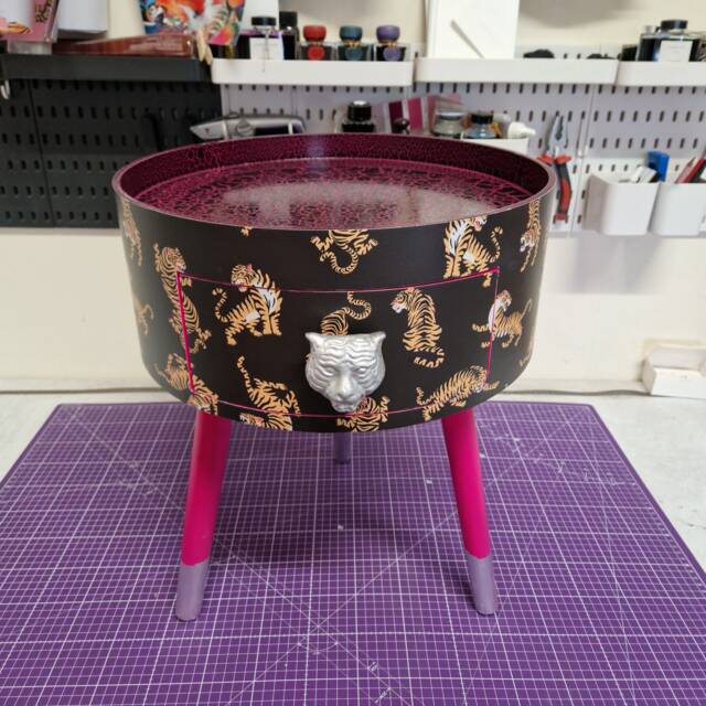 Round Bedside Table , Black Silver & Hot Pink Nightstand With Tiger Design, Fun Bright Home Decor. Side Storage Drawer - image 1