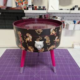 Round Bedside Table , Black Silver & Hot Pink Nightstand With Tiger Design, Fun Bright Home Decor. Side Storage Drawer - thumbnail 3