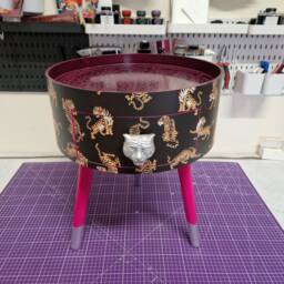 Round Bedside Table , Black Silver & Hot Pink Nightstand With Tiger Design, Fun Bright Home Decor. Side Storage Drawer