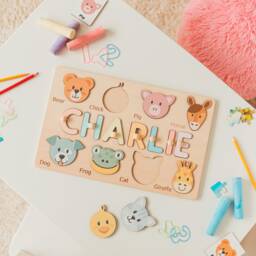 Animal Theme Baby Name Puzzle, Personalized Montessori Board, Easter Gifts For Kids, 2 Yers Old Gift, Stacking Stuffer Toy, Wooden Toys