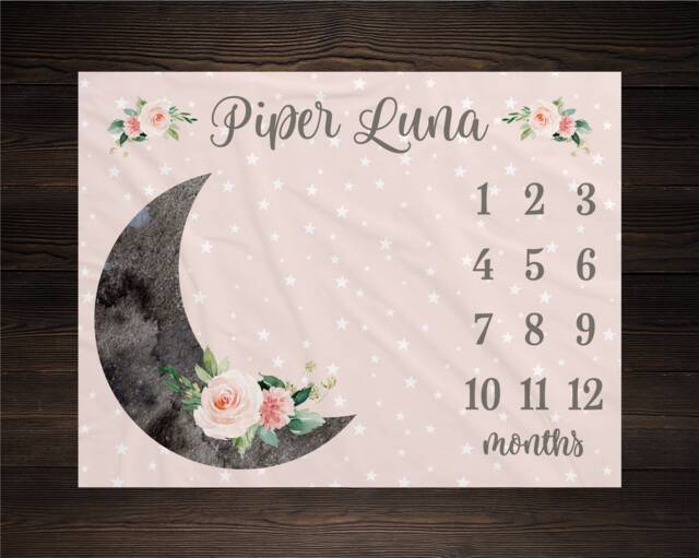 Moon & Stars Milestone Blanket, Luna Month Growth Tracker Baby Shower Gift, Floral Baby, Newborn Watercolor - image 1