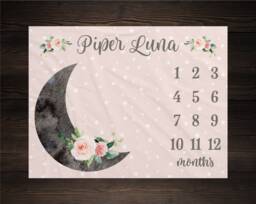 Moon & Stars Milestone Blanket, Luna Month Growth Tracker Baby Shower Gift, Floral Baby, Newborn Watercolor