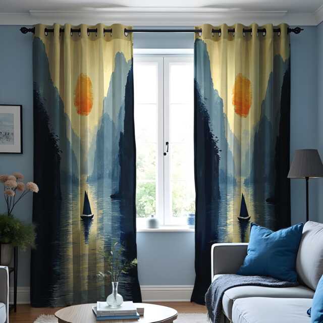 Sailboat Sunset Curtains, Tranquil Lake Landscape Window Panels, Nautical Mountain View Drapes For Living Room Or Bedroom Decor - image 1