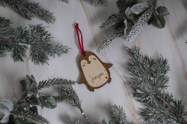 Cute Wood Wooden Personalised Penguin Christmas Decoration Ornament Childrens - image 1