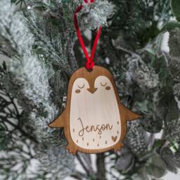 Cute Wood Wooden Personalised Penguin Christmas Decoration Ornament Childrens - thumbnail 2