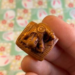 Hand Carved Boxwood Ojime Sleeping Baby & Turtle Family Charms - thumbnail 3