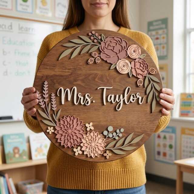 Personalized Floral Teacher Door Hanger Wood, Custom Classroom Name Sign, Wildflower Boho Wall Decor, Gift From Students - image 1