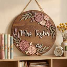 Personalized Floral Teacher Door Hanger Wood, Custom Classroom Name Sign, Wildflower Boho Wall Decor, Gift From Students - thumbnail 3