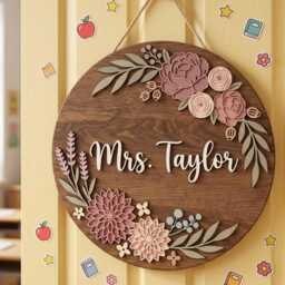 Personalized Floral Teacher Door Hanger Wood, Custom Classroom Name Sign, Wildflower Boho Wall Decor, Gift From Students - thumbnail 4