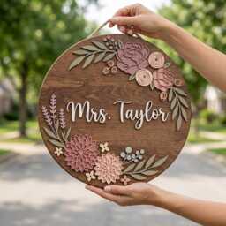 Personalized Floral Teacher Door Hanger Wood, Custom Classroom Name Sign, Wildflower Boho Wall Decor, Gift From Students - thumbnail 2