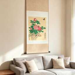 Woven Brocade Wall Scroll - Peony Butterfly Silk Hanging Art, Prosperity Home Decor - thumbnail 2