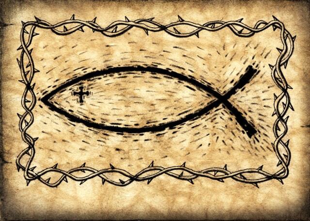 Icthus Christian Fish Art Print 11x15, Art, Wood Cut Style Prints, Jesus, Christians, Parchment, Scrolls, Papyrus - image 1