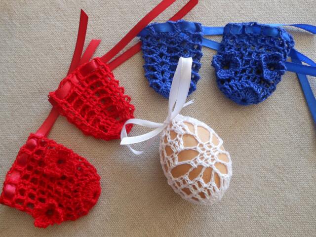 Crochet Easter Egg Cover, Set Of 5 Hand Crocheted Eggs Decoration Blue Red White - image 1