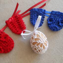 Crochet Easter Egg Cover, Set Of 5 Hand Crocheted Eggs Decoration Blue Red White - thumbnail 3
