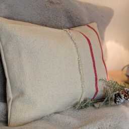 French Country Red Grain Sack Cushion Rustic Farmhouse Stripe Frayed Cottage Pillow Christmas Decor - thumbnail 2
