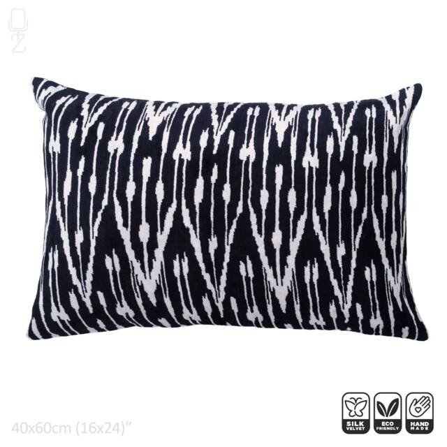 Black Silk Velvet Ikat Cushion Cover, Traditional Pattern - 16x24 Inches - image 1