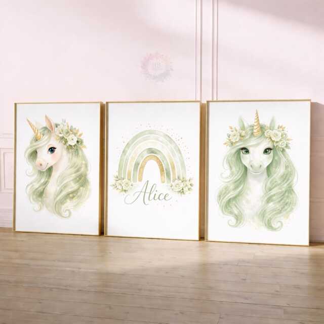 Unicorn Girls Bedroom Prints - Personalised Sage Green Set Of 3, Rainbow Nursery Wall Art - image 1