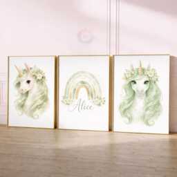 Unicorn Girls Bedroom Prints - Personalised Sage Green Set Of 3, Rainbow Nursery Wall Art