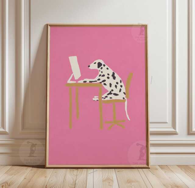 Pink Dalmatian Poster Print - Spotted Dog At Desk Illustration Minimalist Animal Wall Art - image 1