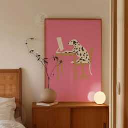 Pink Dalmatian Poster Print - Spotted Dog At Desk Illustration Minimalist Animal Wall Art - thumbnail 2