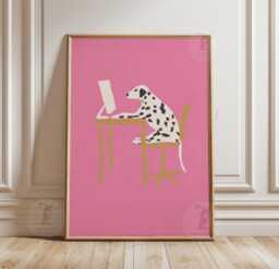 Pink Dalmatian Poster Print - Spotted Dog At Desk Illustration Minimalist Animal Wall Art - thumbnail 1