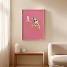 Pink Dalmatian Poster Print - Spotted Dog At Desk Illustration Minimalist Animal Wall Art - thumbnail 3