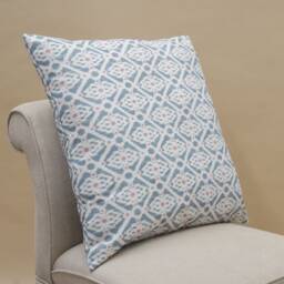 Santorini Linen Blend Extra-Large Cushion. Soft Blue & Pink Geometric Trellis Pattern. 23X23 - thumbnail 1