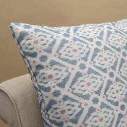 Santorini Linen Blend Extra-Large Cushion. Soft Blue & Pink Geometric Trellis Pattern. 23X23 - thumbnail 2