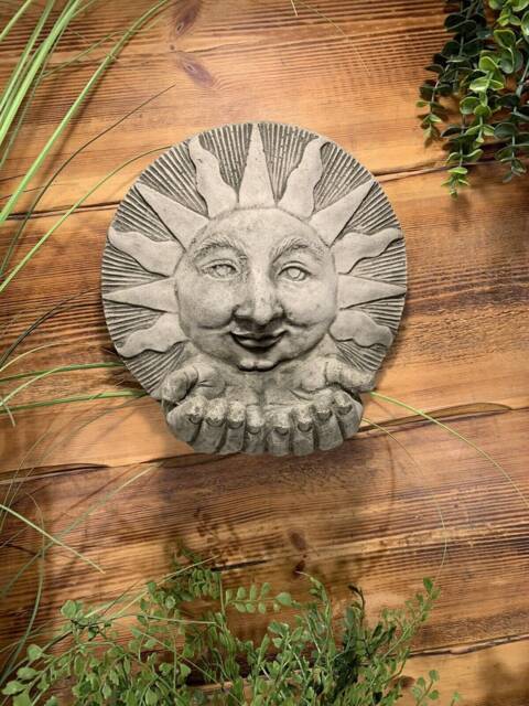 stone Garden Sun With Hands Bird Feeder Wall Hanging Plaque Ornament - image 1