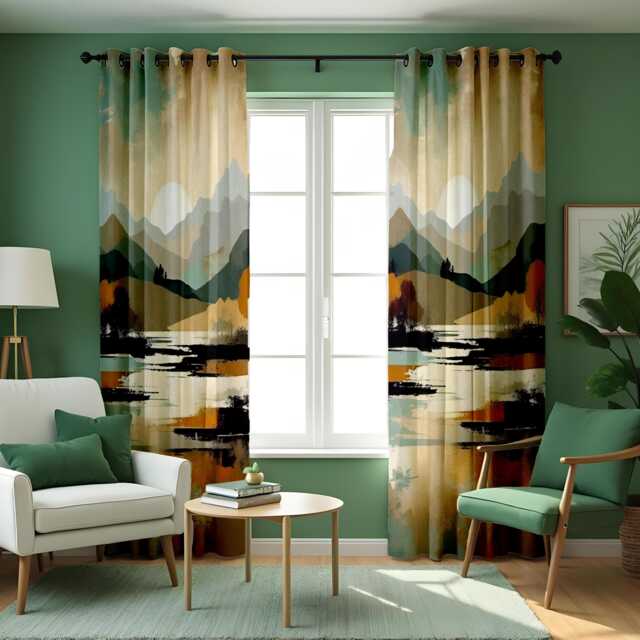 Abstract Mountain Landscape Curtain, Earthy Tones Watercolor Drape With Trees, Modern Window Treatment, Custom Size Available, Made To Order - image 1