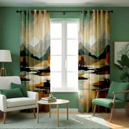 Abstract Mountain Landscape Curtain, Earthy Tones Watercolor Drape With Trees, Modern Window Treatment, Custom Size Available, Made To Order - thumbnail 1