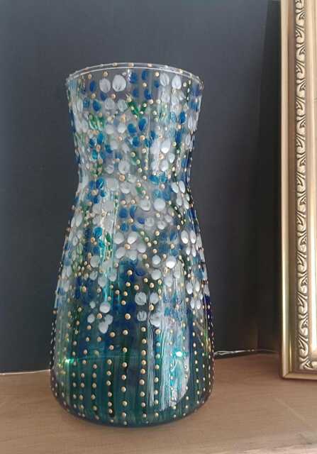 Beautiful Hand Painted Blue & White Flowers Carafe Vase. 20cm. Unique - image 1