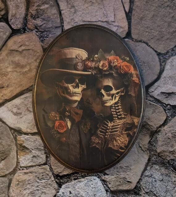 Skeleton Wedding Photo Wall Art - Wood Sign Plaque Halloween Day Of The Dead -Photo Transfer - image 1