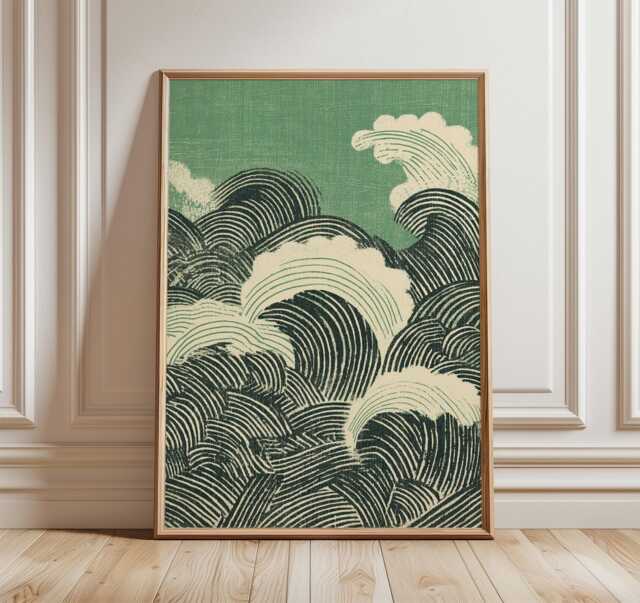 Japanese Green Waves Poster, Modern Hokusai Inspired Wall Art, Minimalist Abstract Ocean Print, Zen Seascape Home Decor - image 1