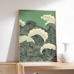 Japanese Green Waves Poster, Modern Hokusai Inspired Wall Art, Minimalist Abstract Ocean Print, Zen Seascape Home Decor - thumbnail 2
