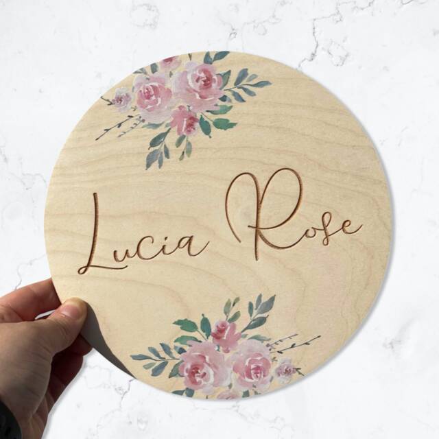 Floral Engraved Wooden Name Plaque, Nursery Decor - image 1