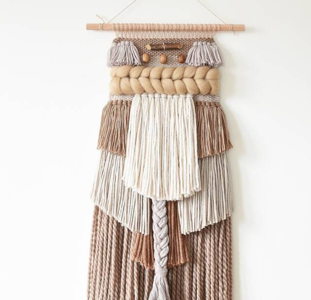 Boho Woven Wall Hanging, Textured Wool Tapestry, Rust Beige Cream Fiber Art - image 1