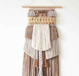 Boho Woven Wall Hanging, Textured Wool Tapestry, Rust Beige Cream Fiber Art