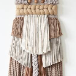Boho Woven Wall Hanging, Textured Wool Tapestry, Rust Beige Cream Fiber Art - thumbnail 3